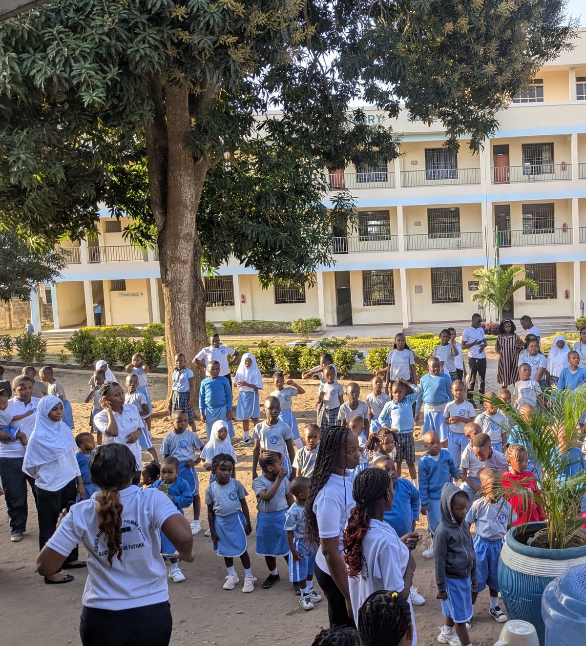 Nursery and primary pupils at morning assembly