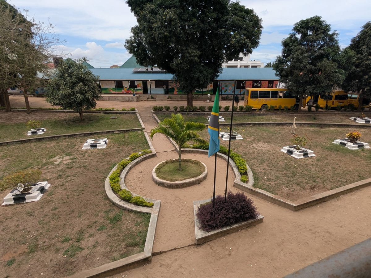 The school garden with the Tanzanian flag and the colourful nursery block